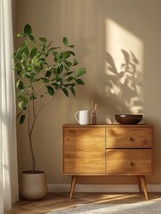 Wooden Cabinet Plant Decorates Sunny Room