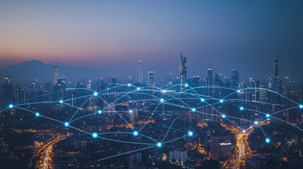 Smart digital Innovation city with connection network reciprocity over the cityscape. of future smart wireless city and social media networking systems that connects business people with in city