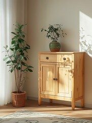 Light Wood Cabinet With Plants Near Window