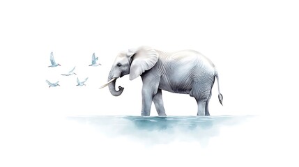 Serene Elephant & Birds Watercolor Art - Watercolor illustrations