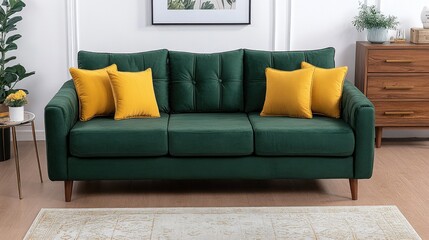 Green velvet sofa with yellow cushions in living room.