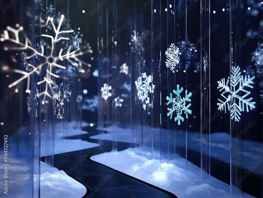 Poster a serene winter scene with glowing snowflakes and a winding path through soft snow.