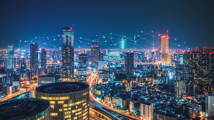 Obraz premium Smart digital Innovation city with connection network reciprocity over the cityscape. of future smart wireless city and social media networking systems that connects business people with in city