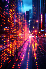 Fototapeta premium Futuristic Cityscape Background with road, buildings, digital elements, with bright and glowing bokeh lights