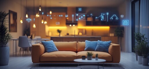 A modern living room with smart home technology interfaces displayed.