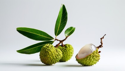 Obraz premium Fresh Lychee Fruit with Translucent Flesh and Green Leaves on Soft White Background