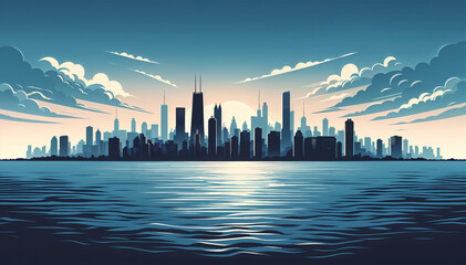 Fototapeta premium Sunset Over the City Skyline by the Sea