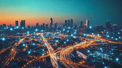 Fototapeta premium Smart digital Innovation city with connection network reciprocity over the cityscape. of future smart wireless city and social media networking systems that connects business people with in city
