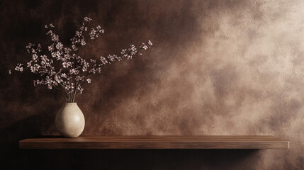 Interior wall mock up with flower vase in dark rustic brown wall. A refined floral display in a simple vase enhances the serene aesthetic of the room's warm tones.