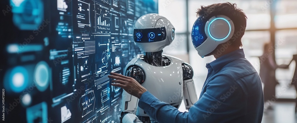 Poster a person interacts with a humanoid robot against a digital interface backdrop.