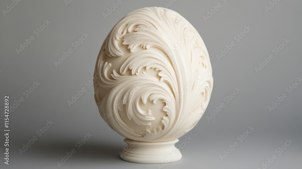 Poster an ornate easter egg with delicate swirls and symmetrical motifs, centered on a pristine white canva