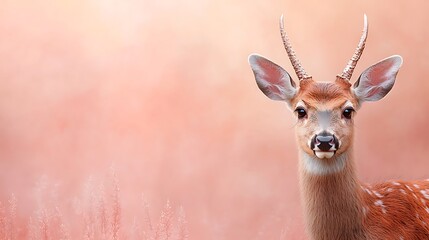 Obraz premium Adorable Fawn Deer Portrait, Soft Pink Background - Pastel colors