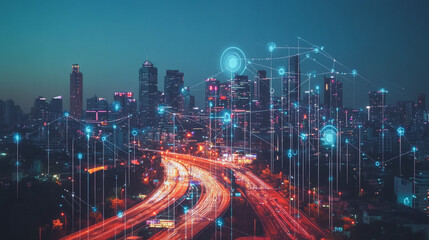 Fototapeta premium Smart digital Innovation city with connection network reciprocity over the cityscape. of future smart wireless city and social media networking systems that connects business people with in city