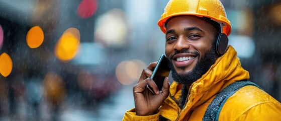 Smiling construction worker on a rainy day.
