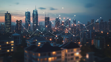 Fototapeta premium Smart digital Innovation city with connection network reciprocity over the cityscape. of future smart wireless city and social media networking systems that connects business people with in city