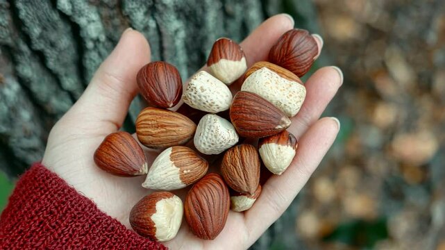Handful of assorted nuts against rustic bark background with cozy red sleeve