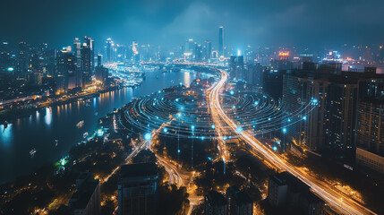 Obraz premium Smart digital Innovation city with connection network reciprocity over the cityscape. of future smart wireless city and social media networking systems that connects business people with in city