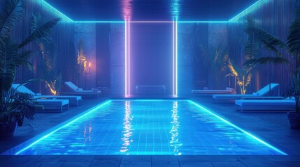 Neon-lit indoor pool with lounge chairs and tropical plants.