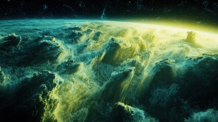 Obraz premium Alien planet sunrise, vibrant cloudscape, cosmic view.