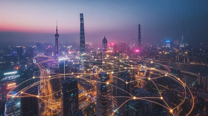 Fototapeta premium Smart digital Innovation city with connection network reciprocity over the cityscape. of future smart wireless city and social media networking systems that connects business people with in city