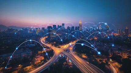 Fototapeta premium Smart digital Innovation city with connection network reciprocity over the cityscape. of future smart wireless city and social media networking systems that connects business people with in city