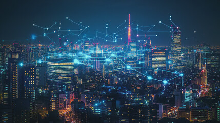Smart digital Innovation city with connection network reciprocity over the cityscape. of future smart wireless city and social media networking systems that connects business people with in city