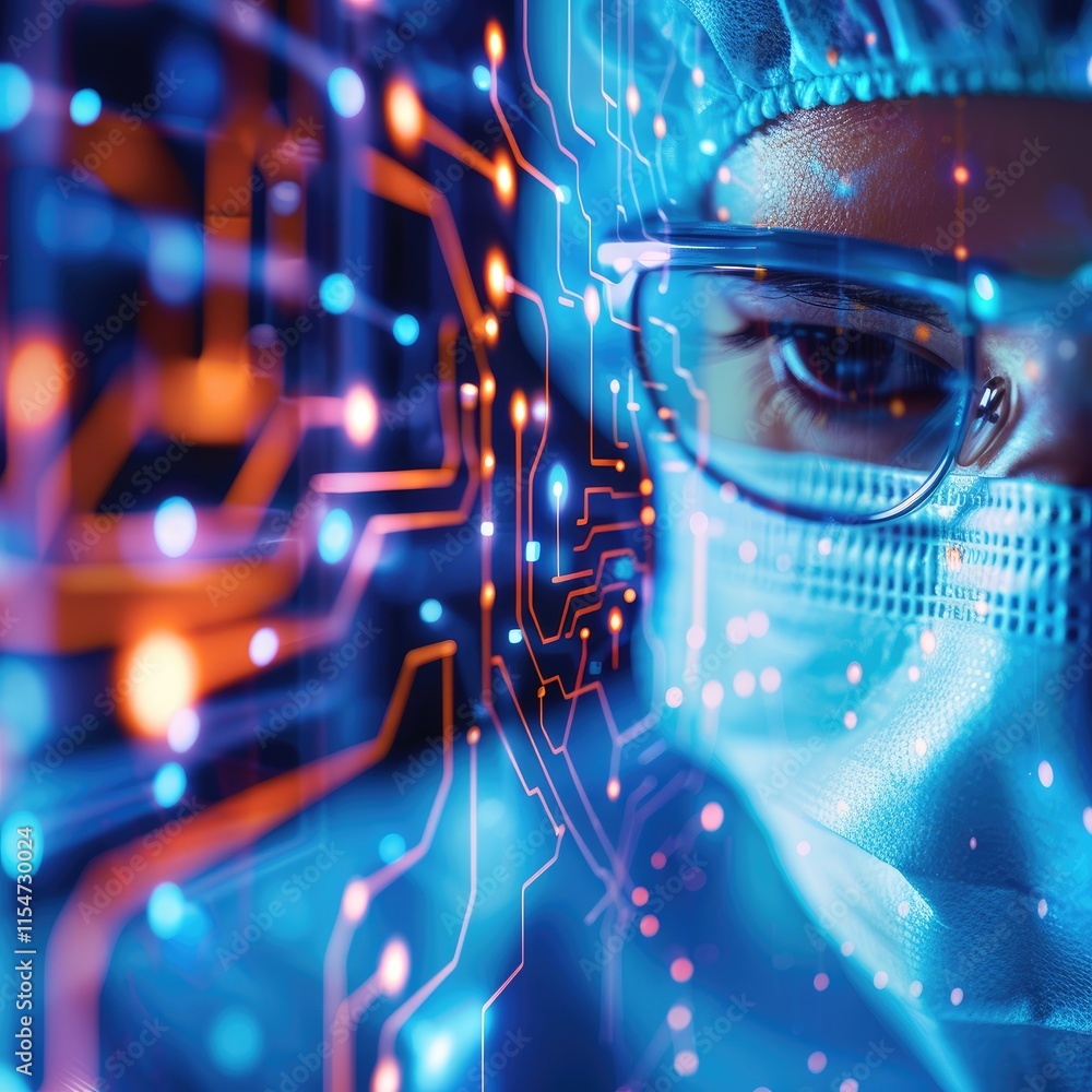 Poster an illuminated face in a mask and goggles, surrounded by a digital circuit pattern, symbolizes the f