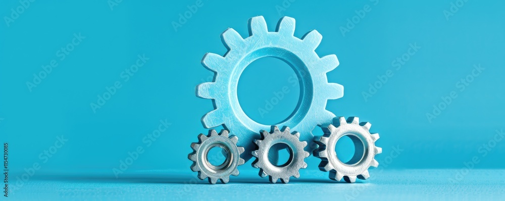 Aufkleber a set of blue gears arranged in size order against a solid turquoise background, symbolizing enginee