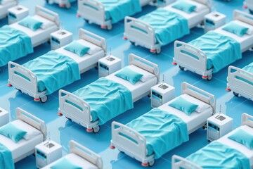 Obraz premium Aerial view of multiple hospital beds with blue bedding arranged in a uniform pattern, conveying a sense of healthcare and patient care environment.