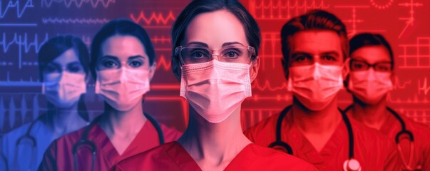 A group of healthcare professionals in masks stands against a backdrop of medical graphics, emphasizing teamwork and dedication in healthcare.