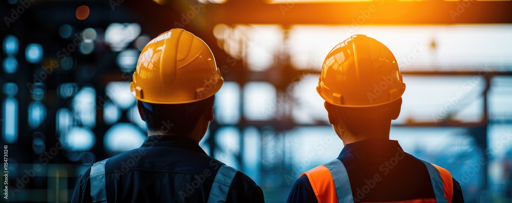 Poster two construction workers in hard hats observe a building site, showcasing teamwork and safety in an 
