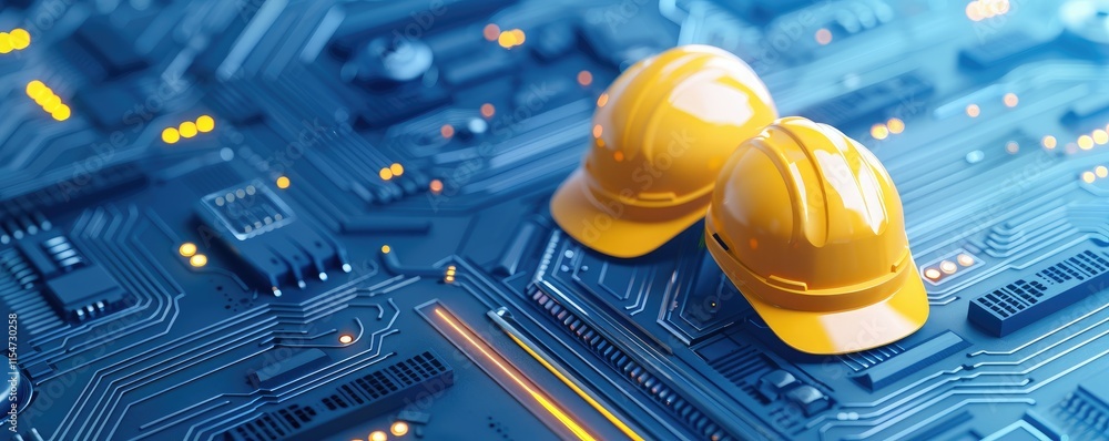 Poster two yellow hard hats rest on a circuit board background, symbolizing the intersection of constructio