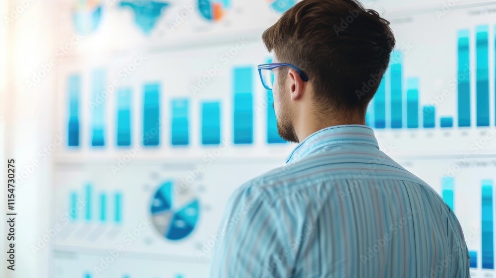 Poster a person analyzes data visualizations displayed on a wall, showcasing various graphs and charts in b