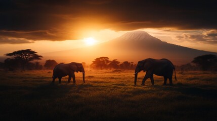 Fototapeta premium Majestic African Elephants at Sunset with Mount Kilimanjaro in Background