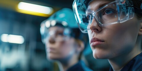 Two women in safety gear focus intently on their work in an industrial setting, showcasing determination and professionalism.