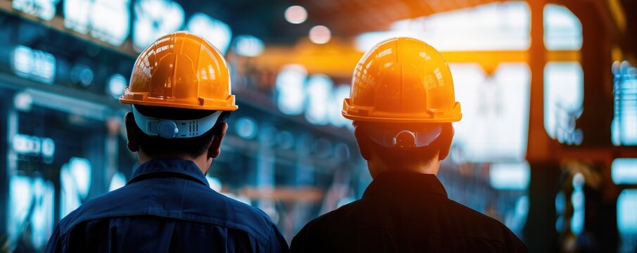 Two workers in hard hats observe an industrial setting, emphasizing safety and teamwork in a workplace environment.