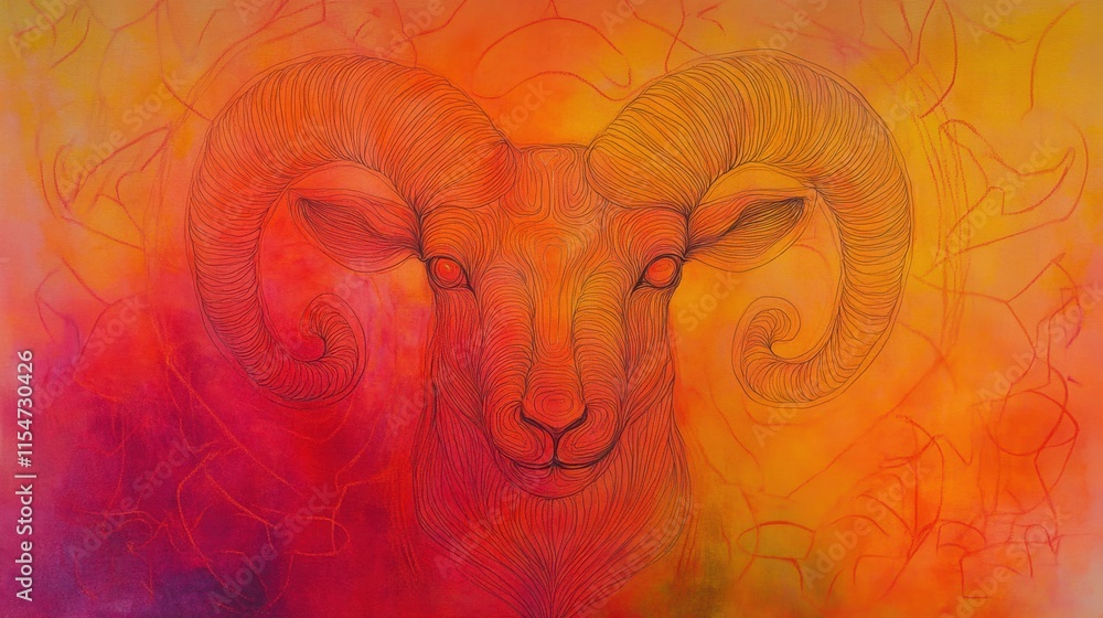 Poster aries drawn boldly on a vibrant watercolor background with dynamic red tones and intricate freehand 