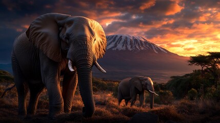 Fototapeta premium Majestic African Elephants at Sunset with Mount Kilimanjaro in Background