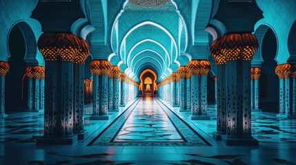 Obraz premium Illuminated teal hallway with arched columns and ornate details.