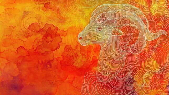 Aries sign glowing on a fiery red and orange watercolor backdrop, drawn with bold and precise freehand lines.
