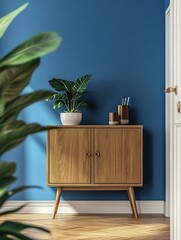 Mid Century Modern Cabinet With Plant And Decor