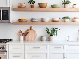 Modern Kitchen Shelving With Plants And Dishes