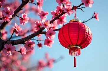 A beautiful New Year's traditional red round Chinese glowing lantern hangs on a blooming sakura branch against a blue sky background