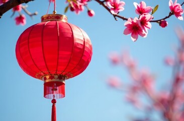 Obraz premium A beautiful New Year's traditional red round Chinese glowing lantern hangs on a blooming sakura branch against a blue sky background