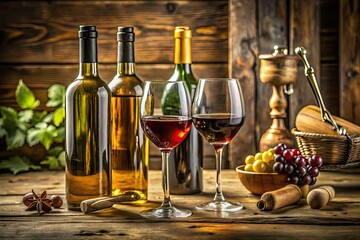 Obraz premium Rustic elegance meets vintage wine: high-resolution still life photography showcasing grape harvest, cellar setting, and tasting moments.