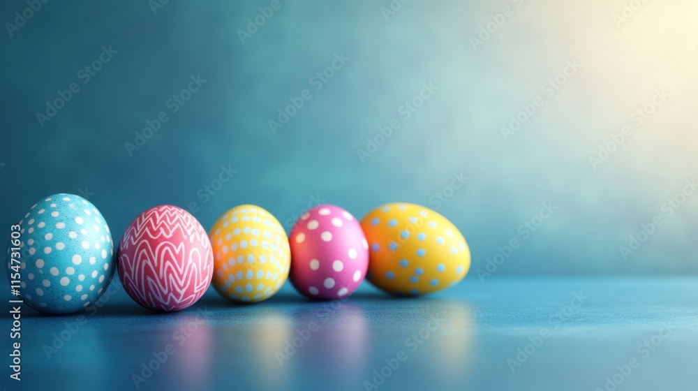 Poster beautiful easter eggs on a bright background with sunlight creating intricate reflections and adding