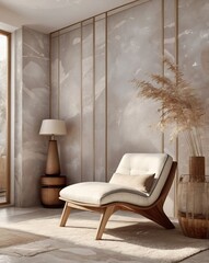 Elegant mid-century modern armchair, cream upholstery, wooden frame, cozy reading nook, pampas grass decor, warm neutral tones, minimalist interior, textured wall panels, soft ambient lighting, Scandi