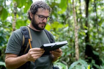 Bearded man in glasses, backpack, writing in notebook in lush rainforest.