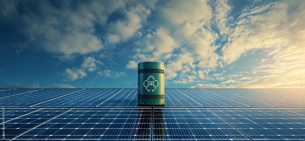 Poster a solar panel array with a green container symbolizing sustainability.