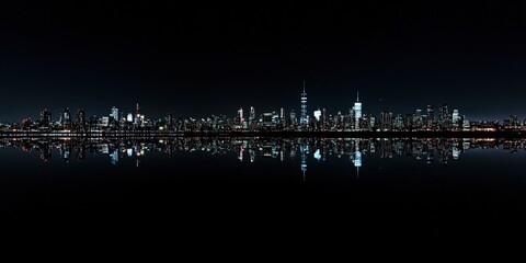 Vibrant New York City Skyline at Night: Illuminated Skyscrapers and Reflections on Water. Panoramic View of Manhattan Island Showcasing Urban Architecture and Cityscape for Modern Design and Marketing